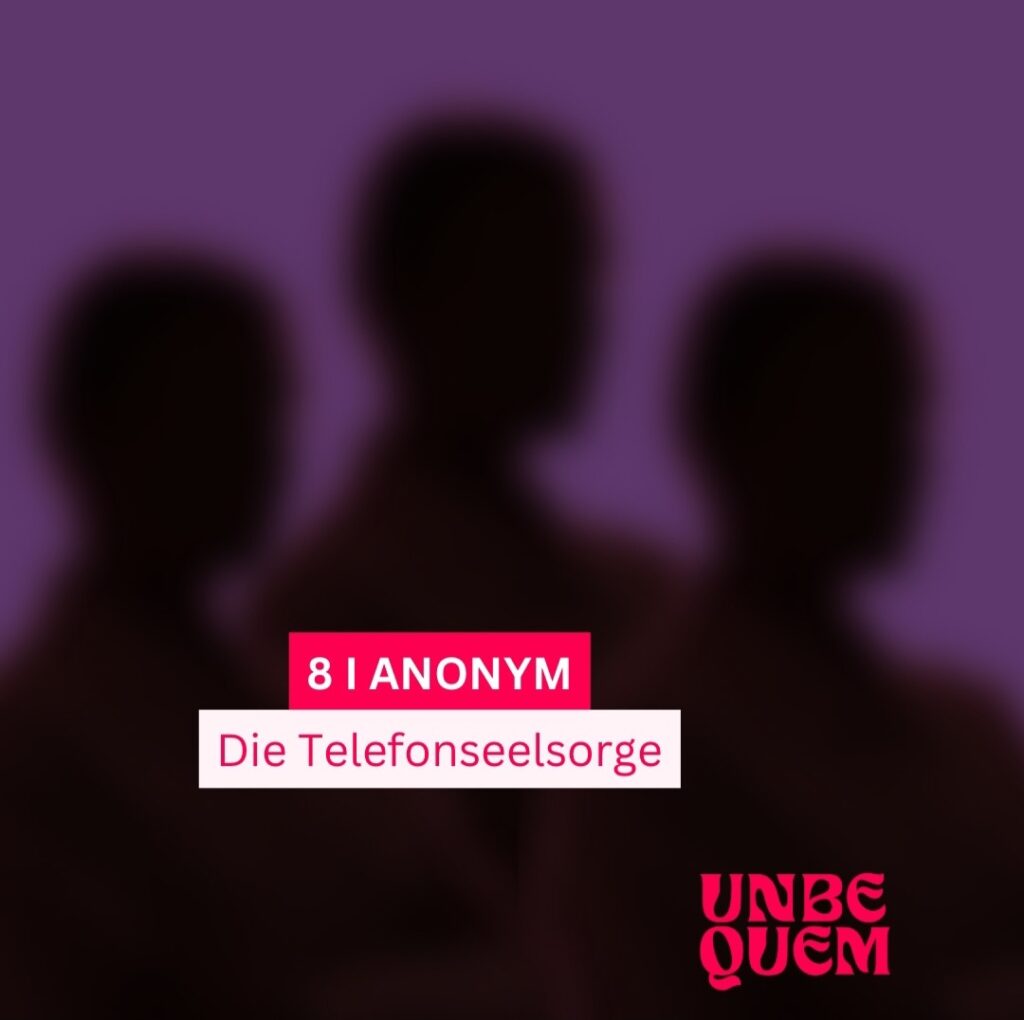 Die Silhouette dreier Menschen. Davor der Schriftzug "8 | ANONYM" und unten links das Logo des Podcasts "Unbequem"