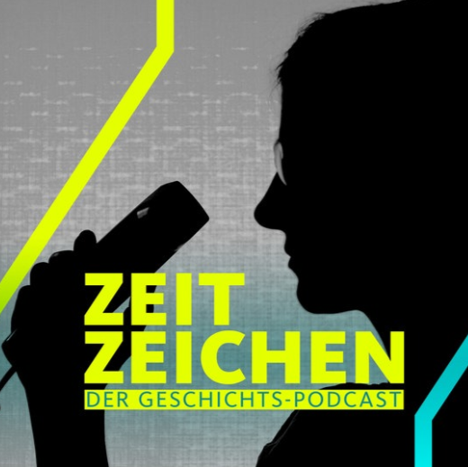 Die Silhouette einer Frau, die einen Telefonhörer aufnimmt. Darüber der Schriftzug "Zeitzeichen - Der Geschichtspodcast"